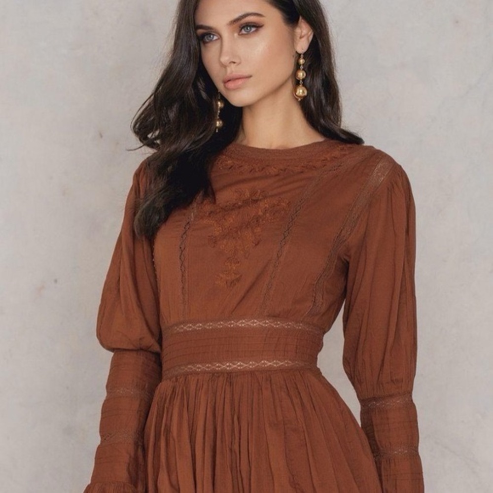 Free People Women’s Victorian Smocked Empire Waist Mini Dress in rust orange 10